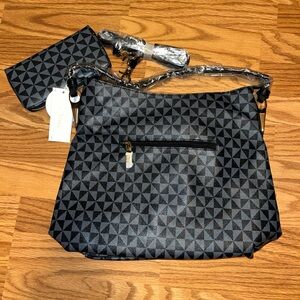 Vegan Leather Handbag Le Miel Black Hobo Tote W/ Wallet Bag Strap Geometric NWT